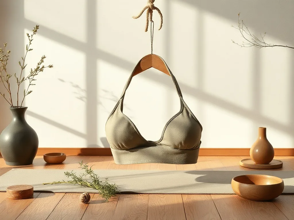 Une brassière de yoga souple et sans couture, posée sur un tapis de yoga, dans une lumière naturelle qui souligne la matière
