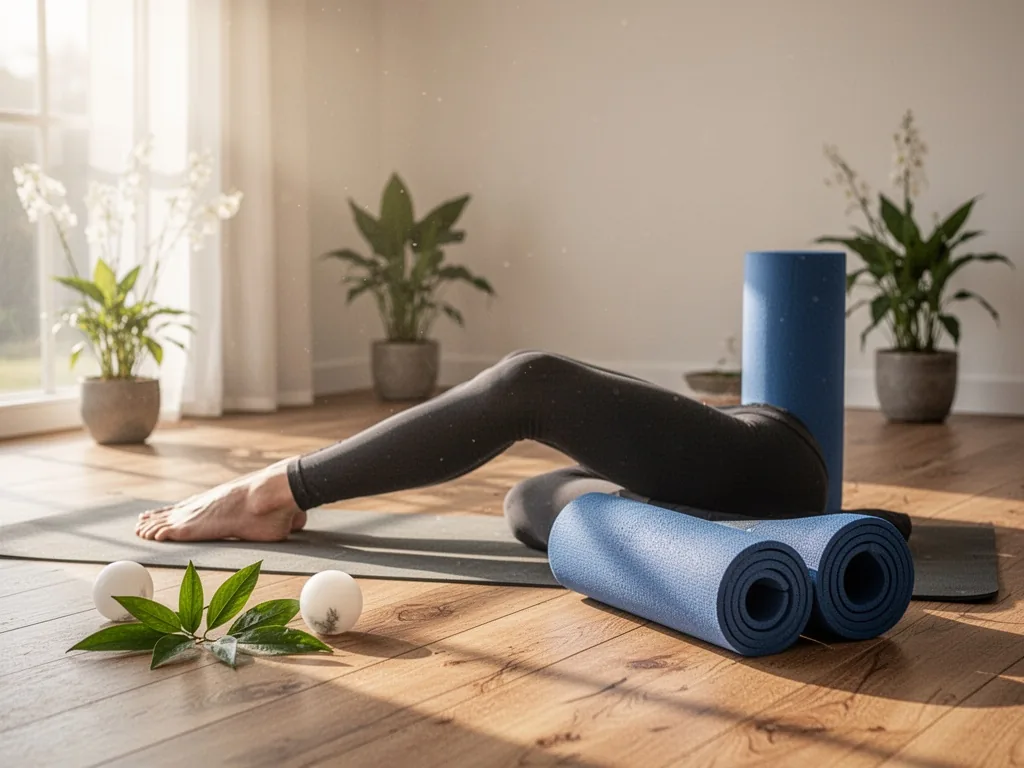 Personne en tenue de yoga effectuant un étirement des ischio-jambiers au sol, une sangle autour du pied, dos allongé.