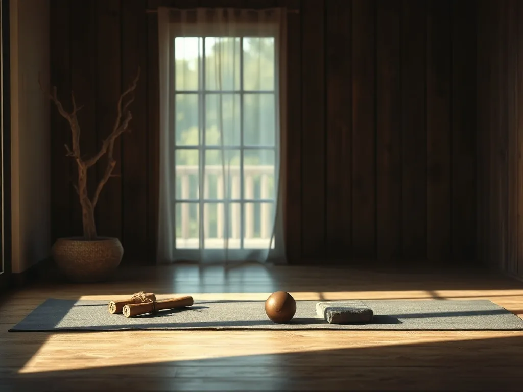 Tapis de yoga, briques et sangle disposés sur un parquet clair, évoquant une séance de yoga Iyengar à domicile.