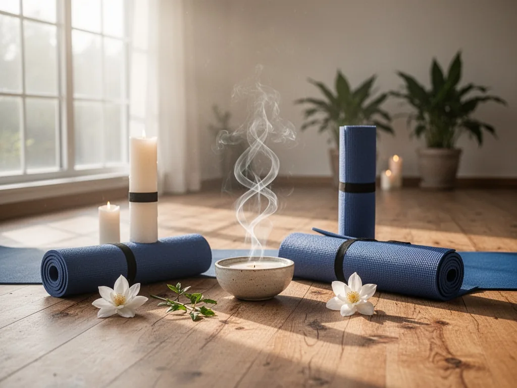 Deux mains en mudra posées sur les genoux, lumière douce du matin, buste droit en posture de méditation Kundalini