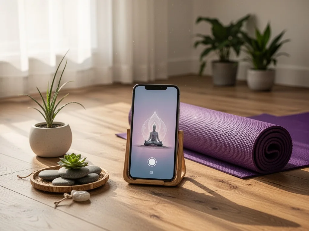 Une main posée sur un smartphone affichant une application de méditation, posé sur un coussin de yoga dans une pièce calme et lumineuse.