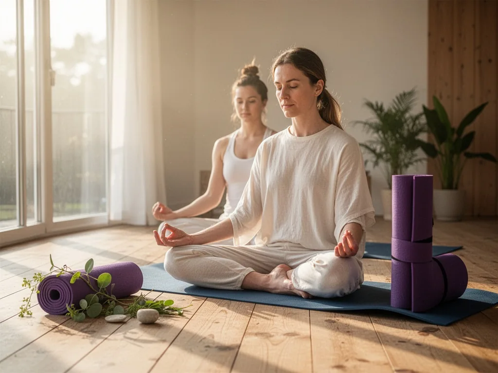 Une personne assise en tailleur dans une pièce calme, les yeux fermés, un casque sur les oreilles et les mains reposant sur les genoux, paumes vers le ciel