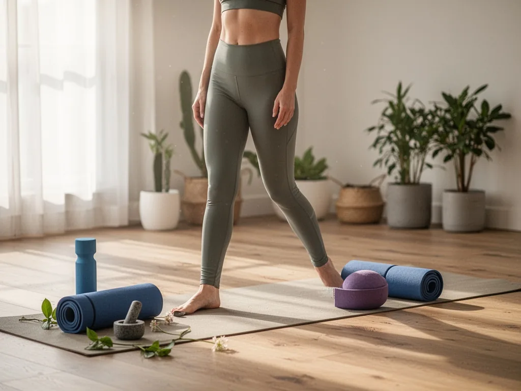 Femme en posture de guerrier, pantalon de yoga fluide en coton, pieds ancrés sur un tapis