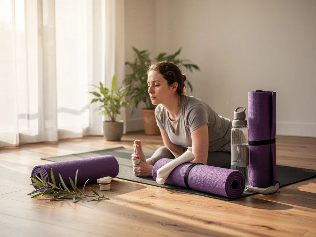 Personne assise en tailleur, yeux fermés, les mains posées sur les genoux, pratiquant la respiration carrée dans un intérieur sobre et lumineux.