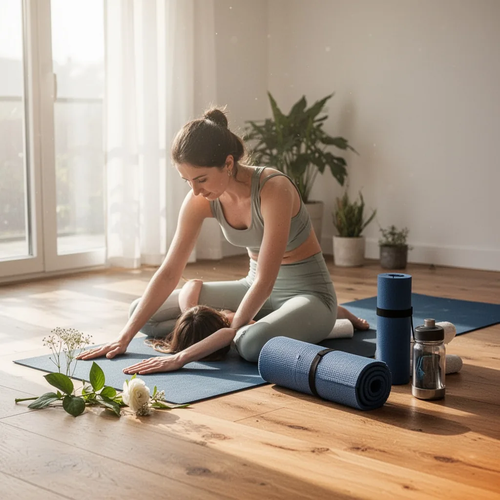 Femme en posture de yoga dans un ensemble débardeur et legging, debout sur un tapis, lumière douce