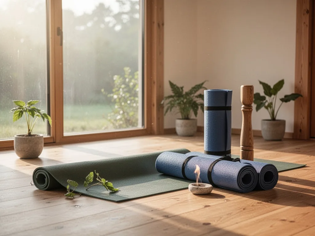 Tapis de yoga déroulé dans un salon lumineux avec une plante verte à côté