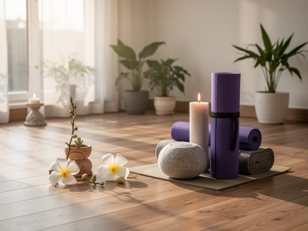 Personne allongée en shavasana, yeux fermés, dans une salle calme aux tons neutres, pratiquant le yoga nidra