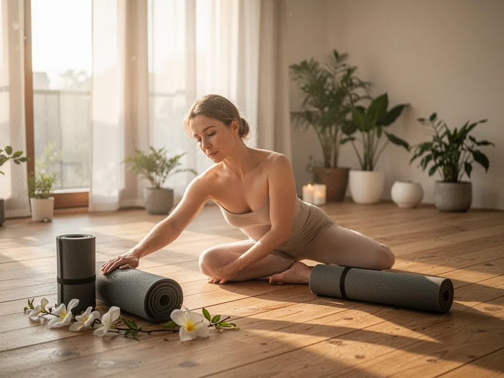 Personne pratiquant le yoga nue sur un tapis, dans une pièce lumineuse, vue de dos